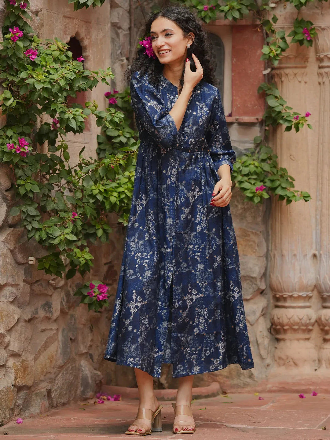 Libas Blue Printed Silk Fit and Flare Dress
