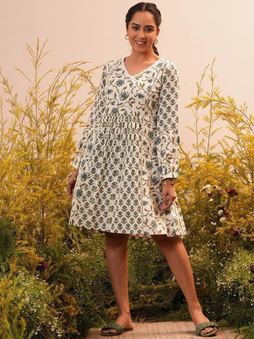 Gerua Beige Printed Cotton Blend A-Line Dress