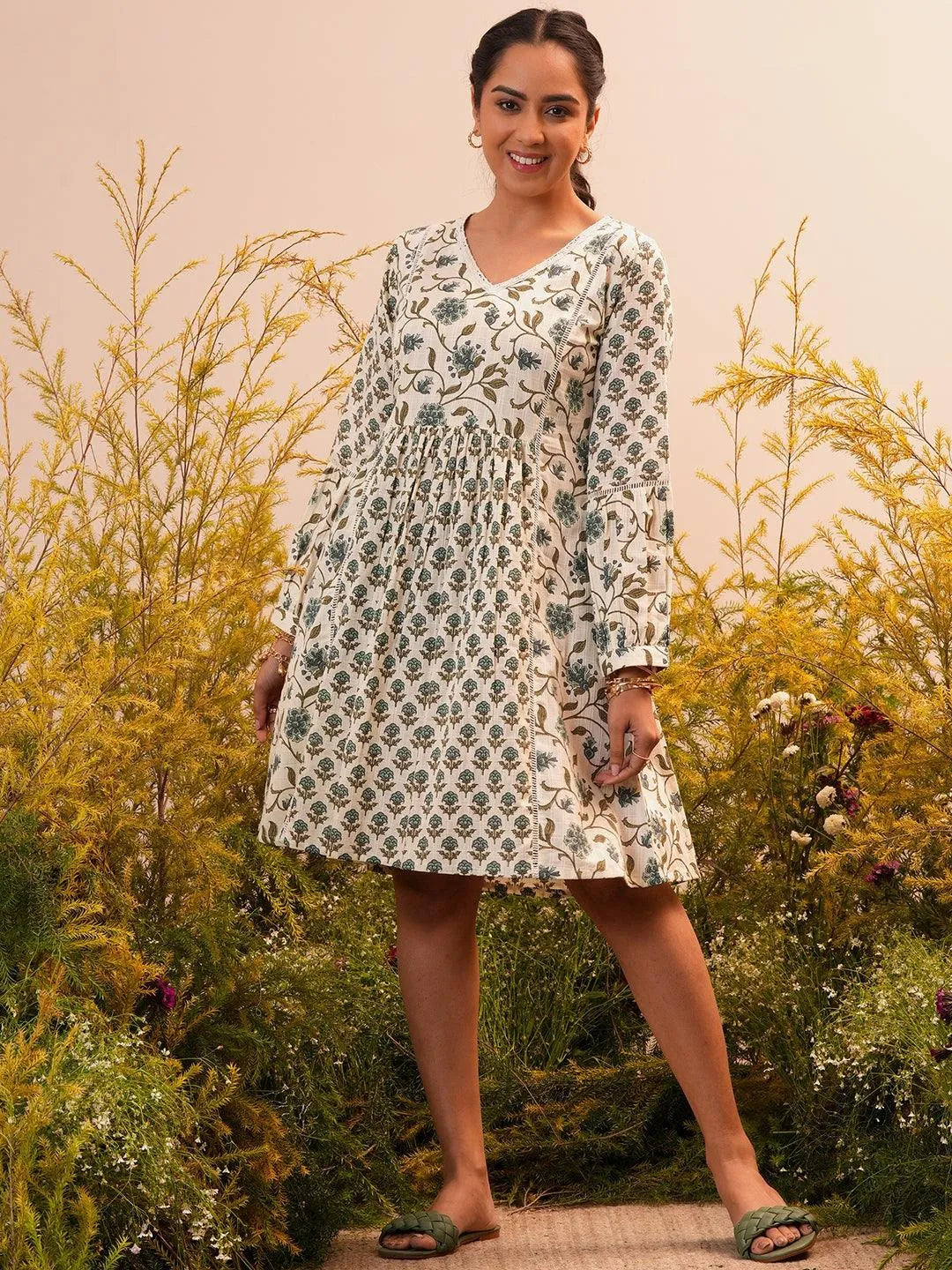 Gerua Beige Printed Cotton Blend A-Line Dress