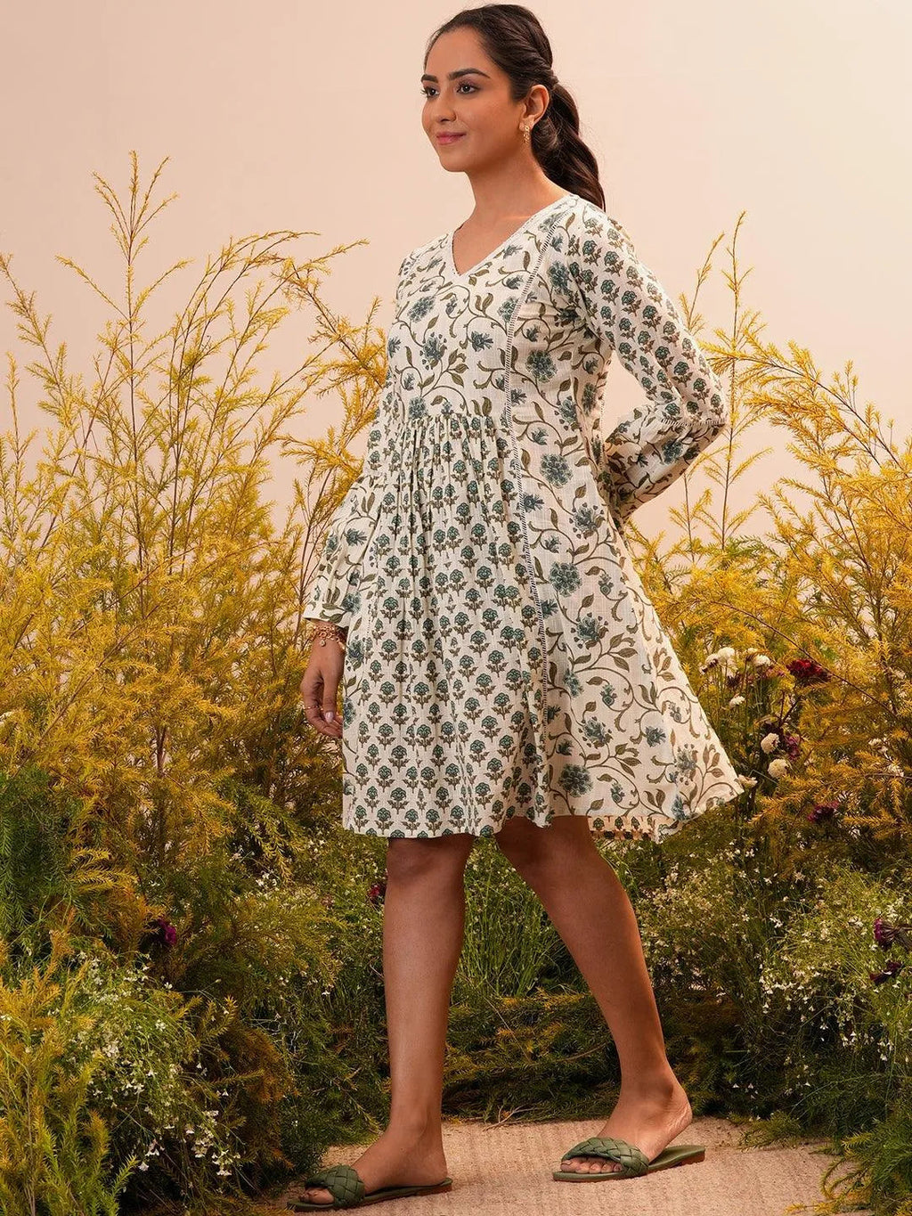 Gerua Beige Printed Cotton Blend A-Line Dress