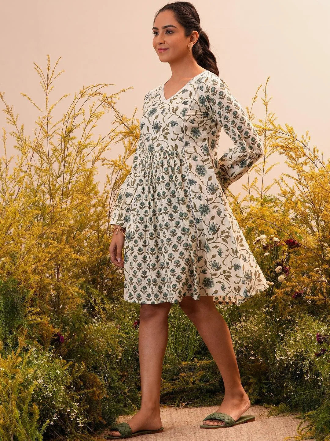 Gerua Beige Printed Cotton Blend A-Line Dress