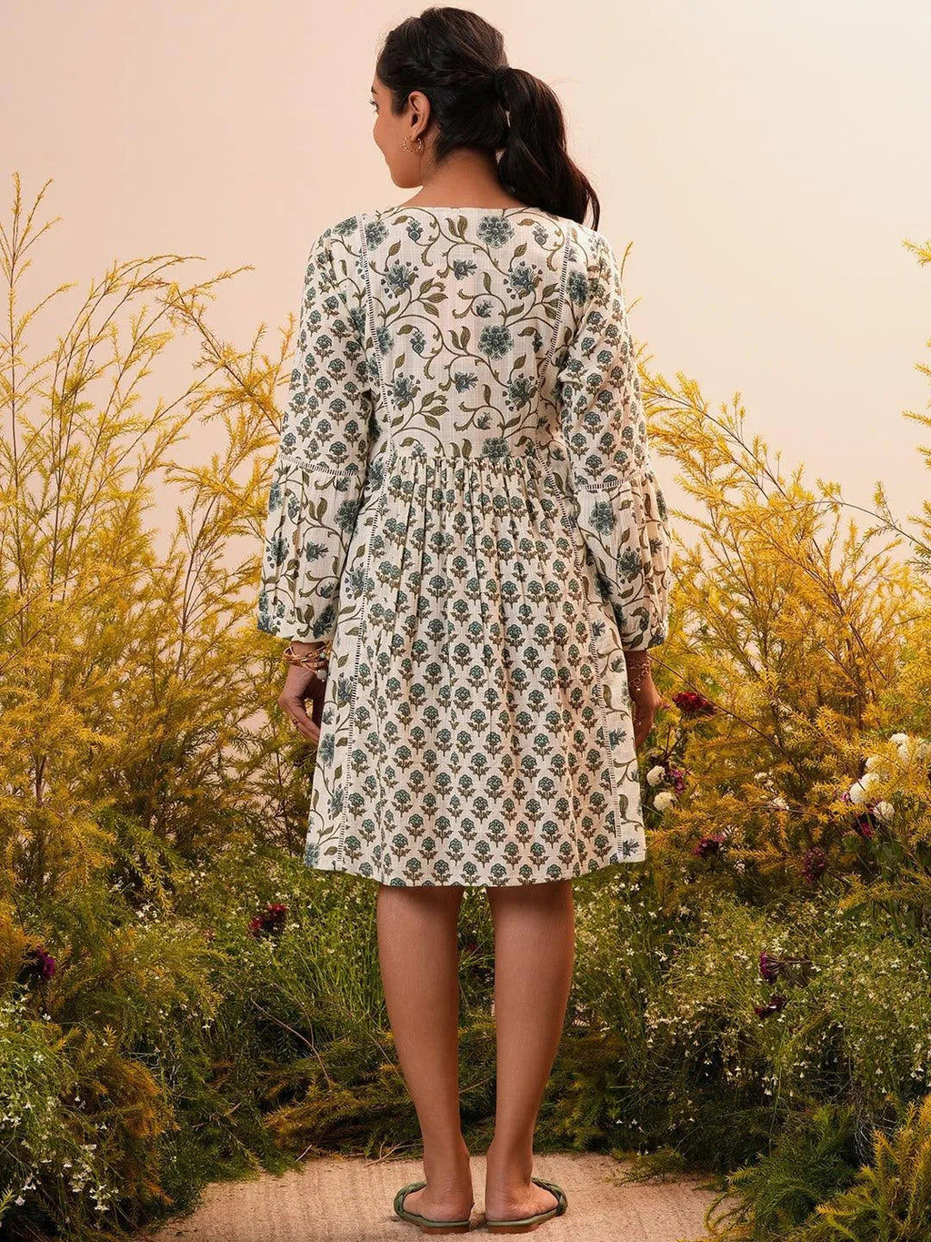 Gerua Beige Printed Cotton Blend A-Line Dress