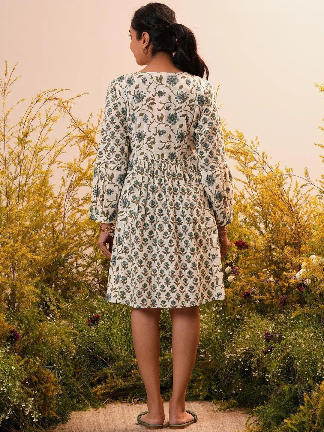 Gerua Beige Printed Cotton Blend A-Line Dress