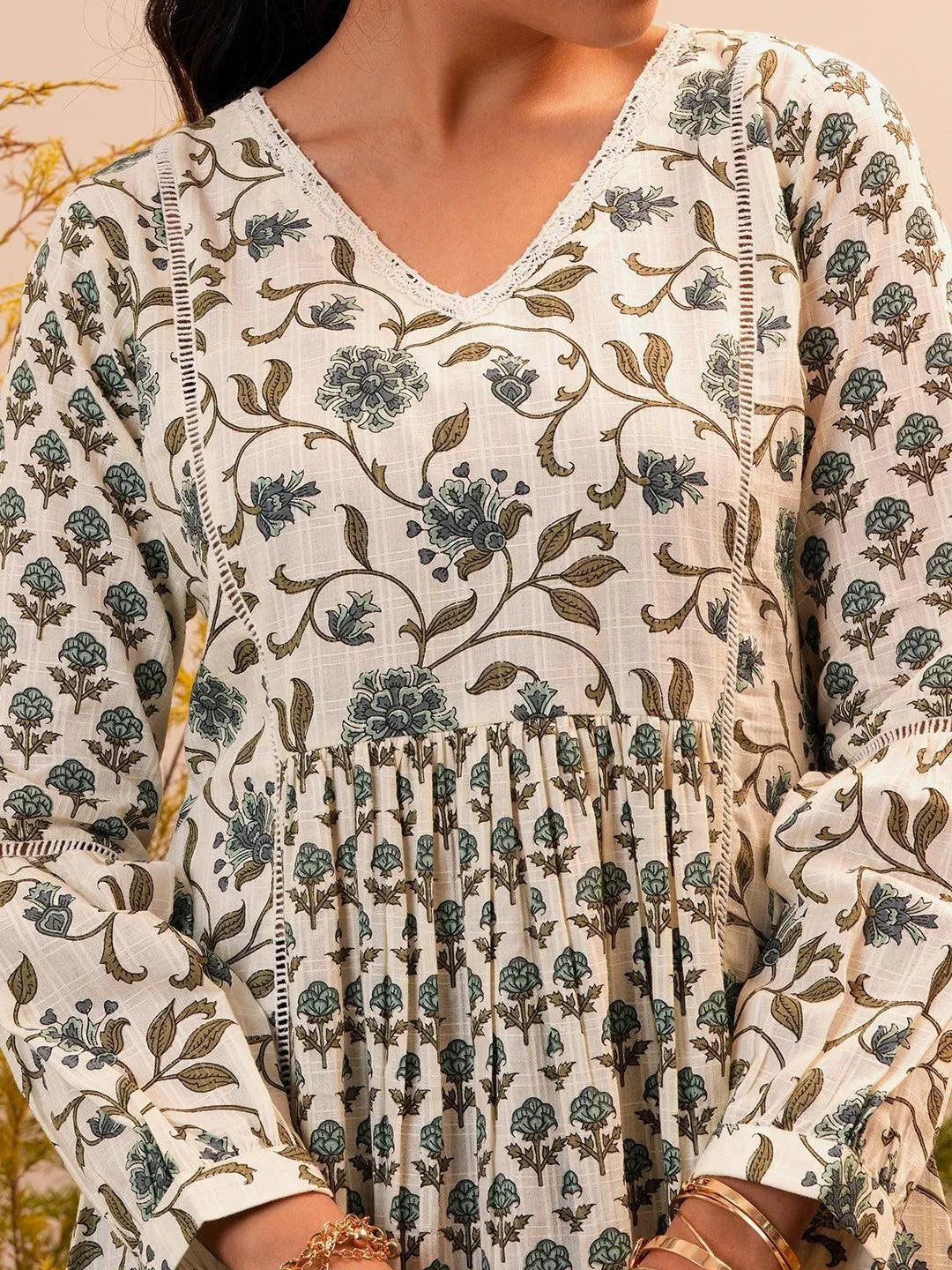 Gerua Beige Printed Cotton Blend A-Line Dress