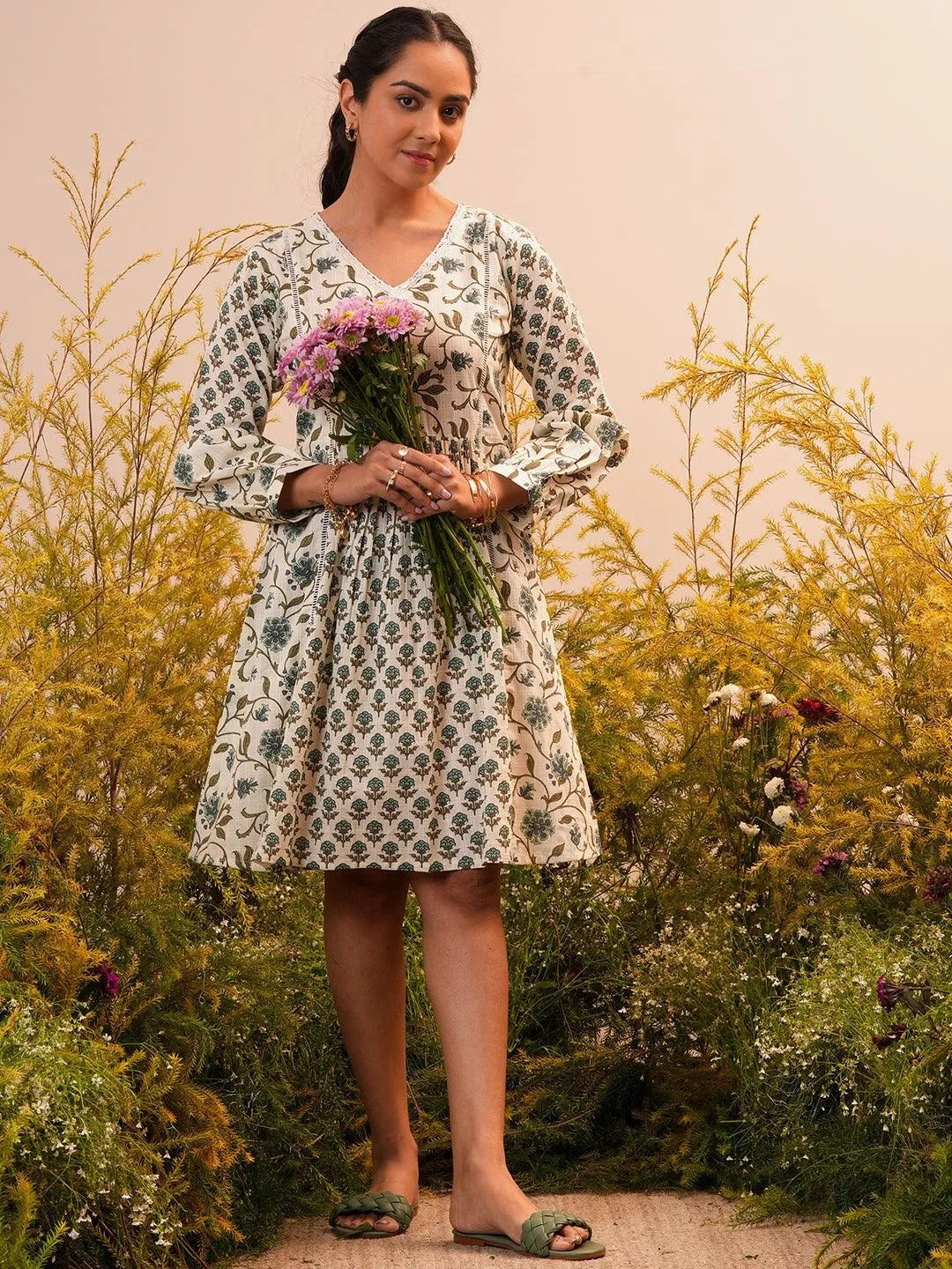 Gerua Beige Printed Cotton Blend A-Line Dress