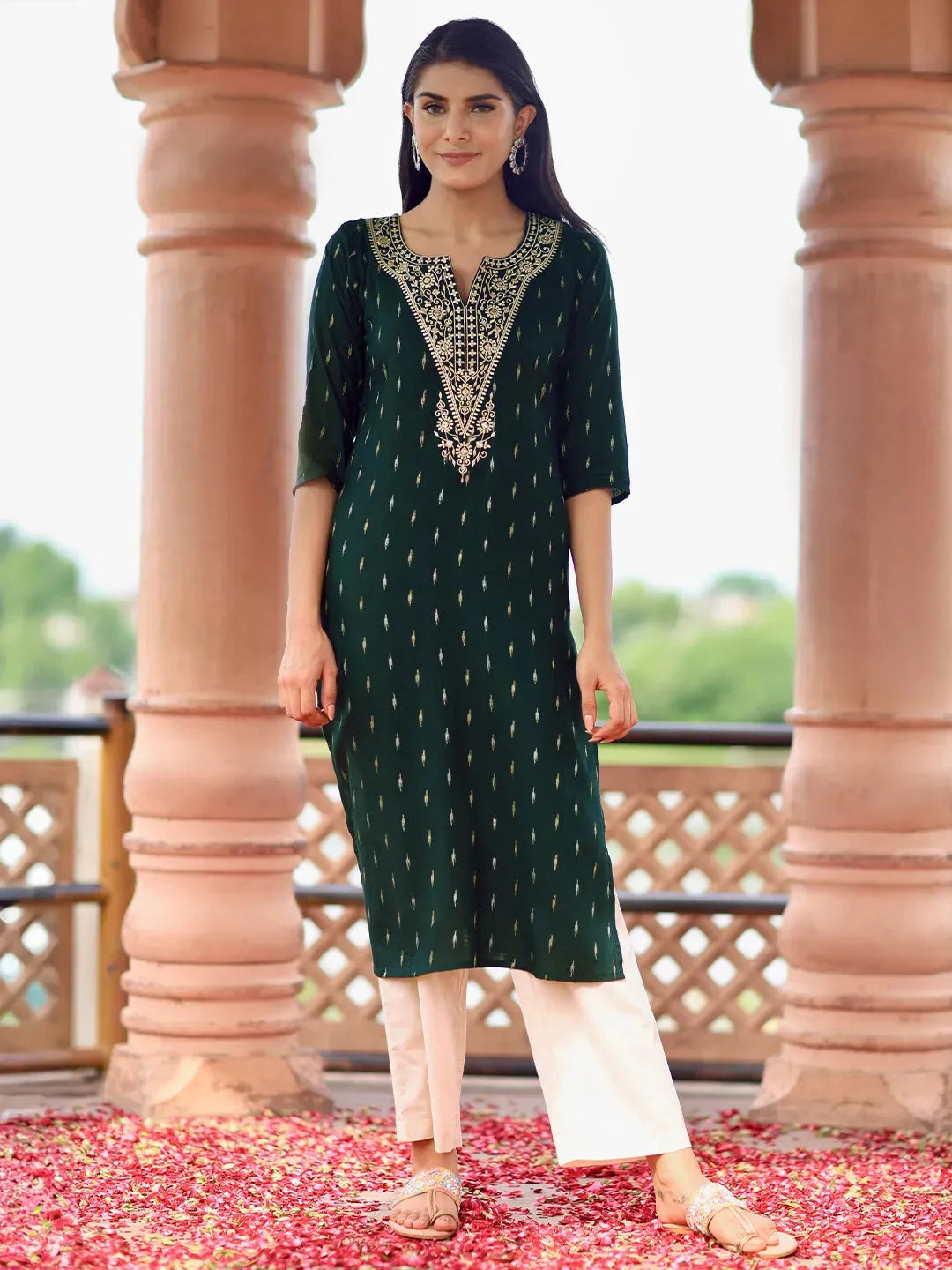 Gerua Green Woven Design Cotton Blend Straight Kurta