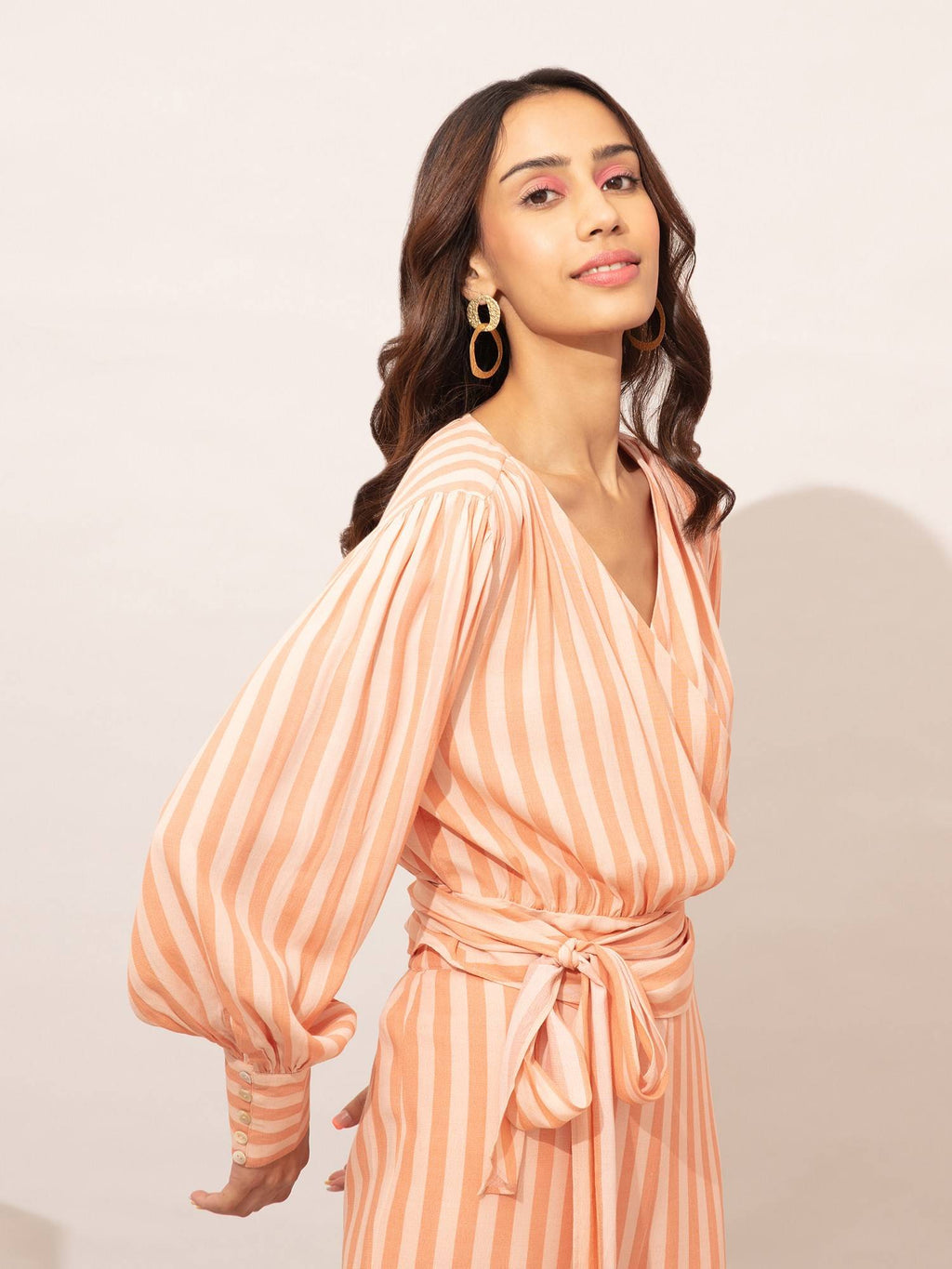 Coral And Peach Striped V Neck Crop Top | CT61 - view 3