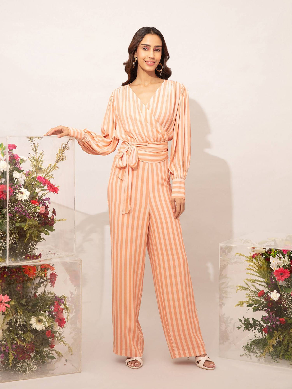 Coral And Peach Striped V Neck Crop Top | CT61 - view 4