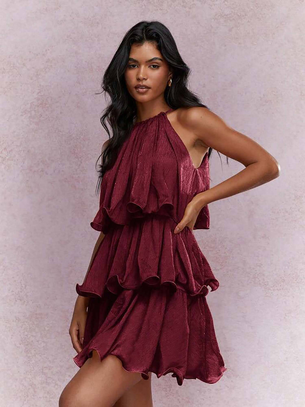 Dovie Halterneck Ruffle Mini Dress Maroon | D56 - view 1