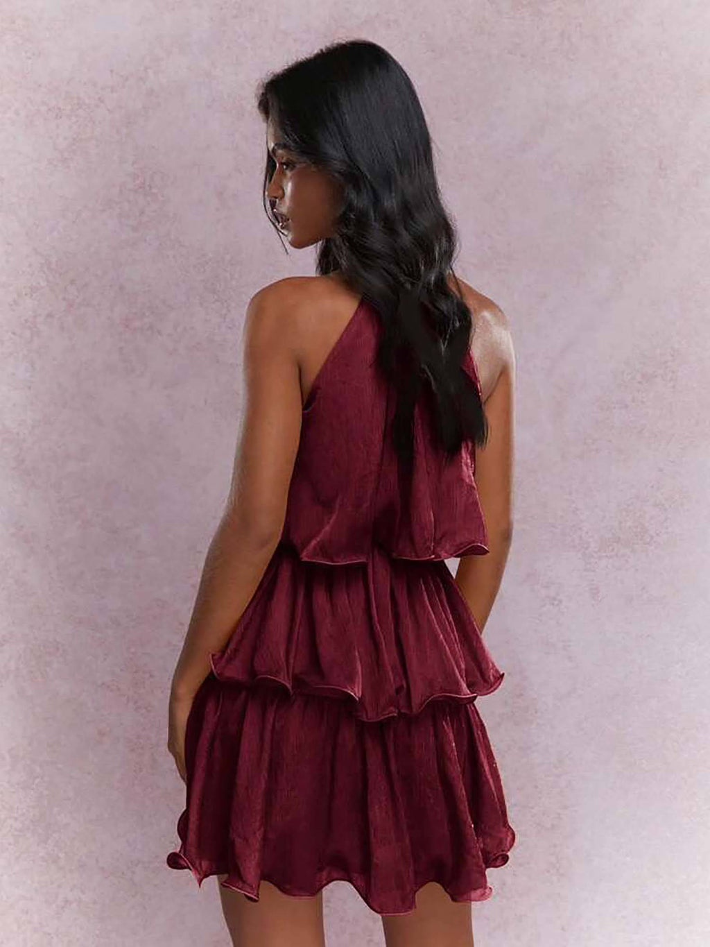 Dovie Halterneck Ruffle Mini Dress Maroon | D56 - view 2