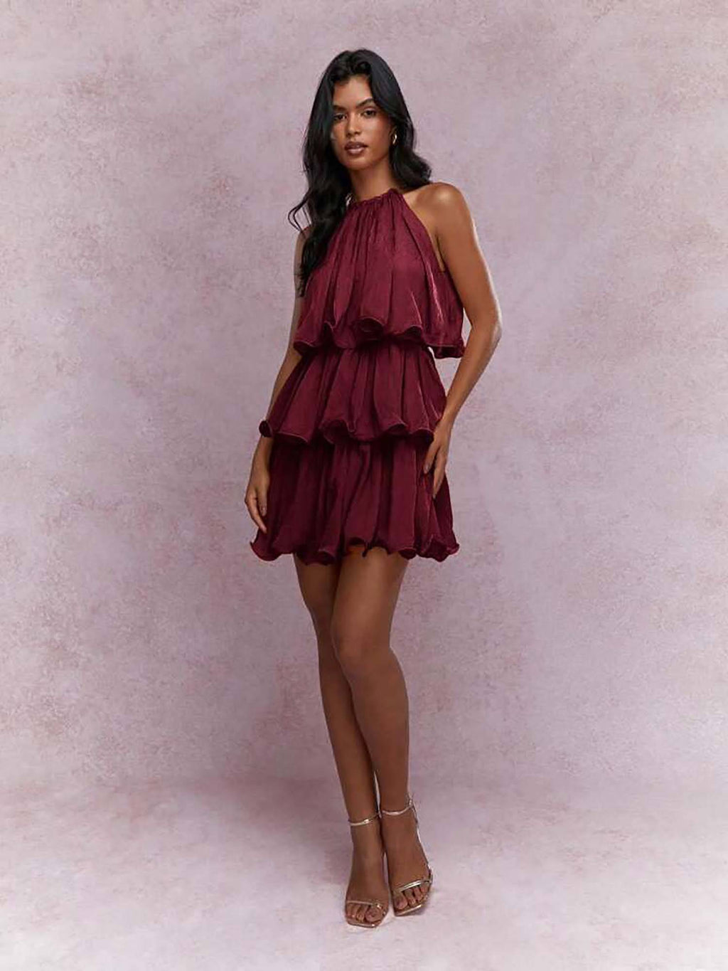 Dovie Halterneck Ruffle Mini Dress Maroon | D56 - view 3