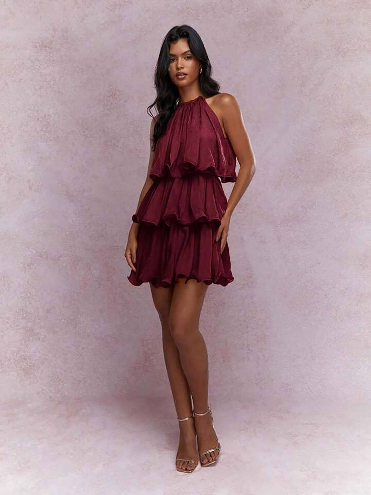Dovie Halterneck Ruffle Mini Dress Maroon | D56 - view 3