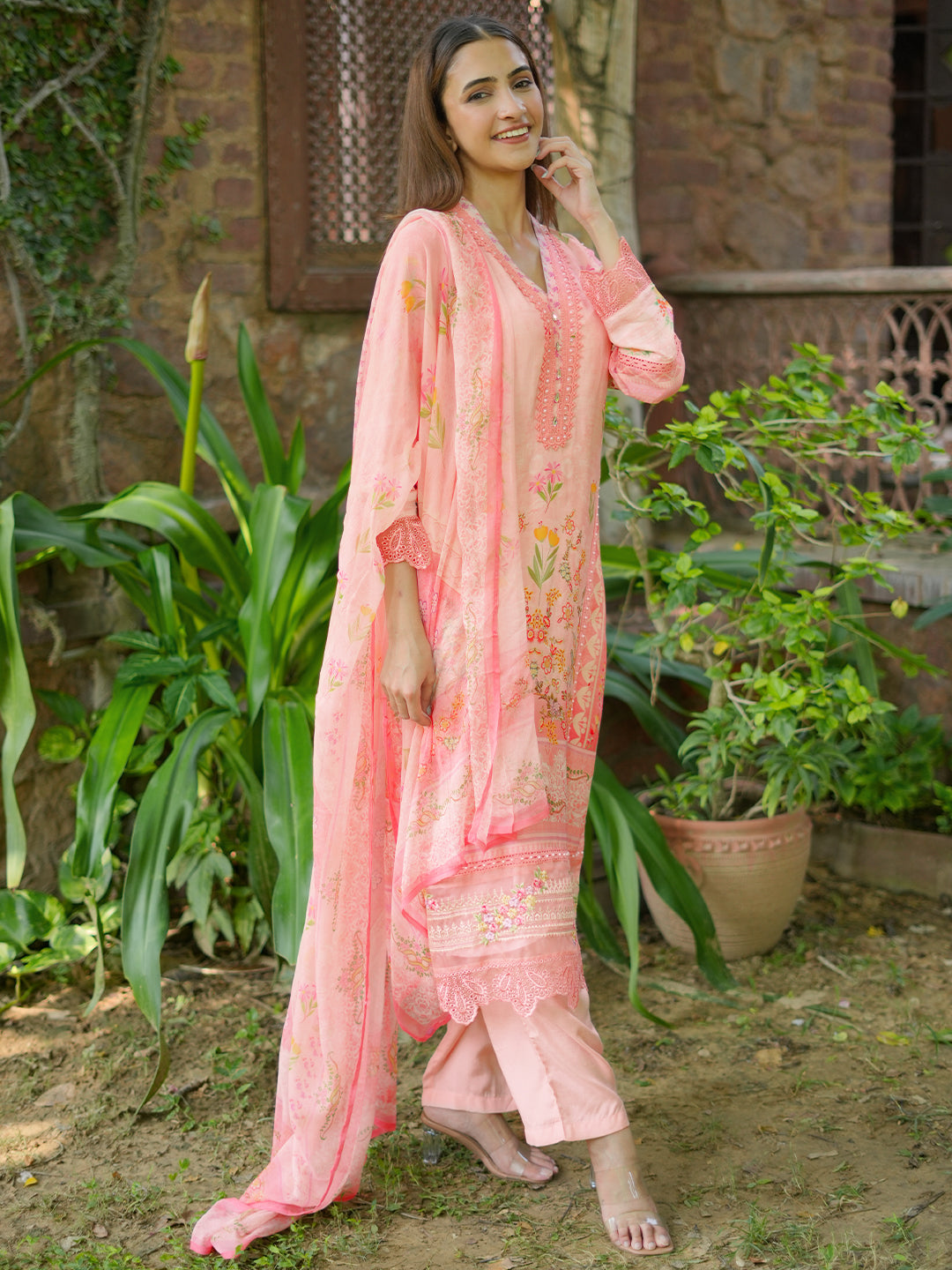 Libas Pink Printed Silk Blend Straight Suit With Dupatta