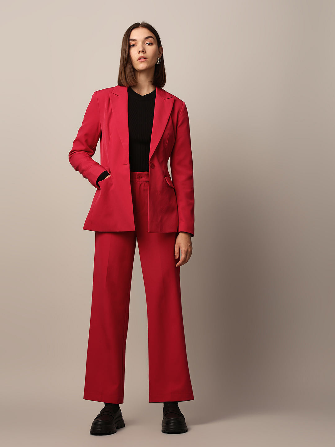 Red Mid Rise Tailored Pants