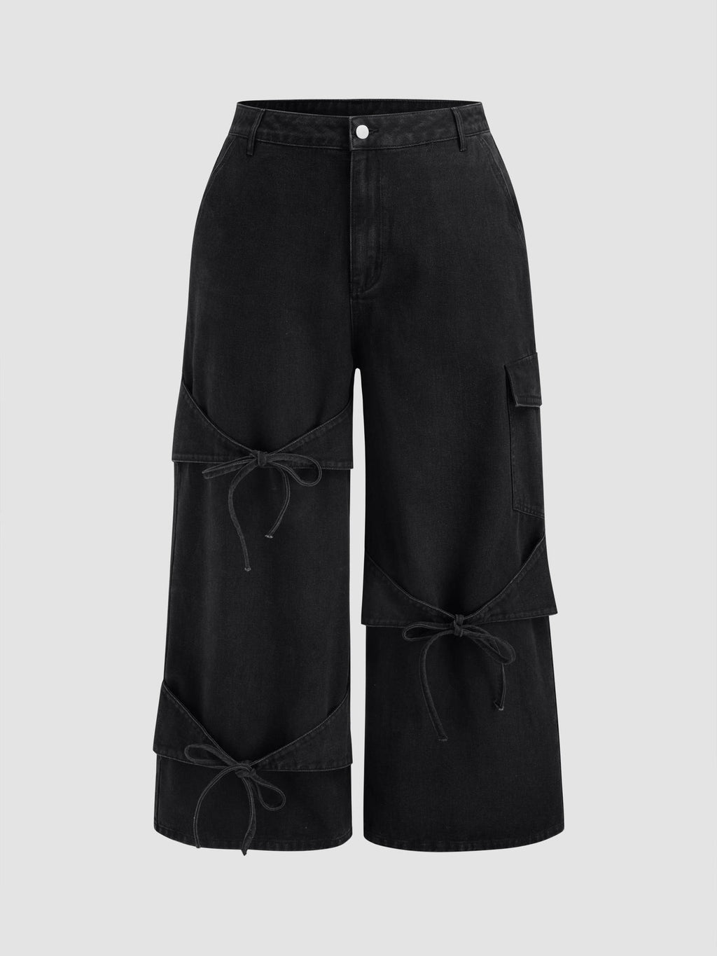 Denim Mid Rise Solid Bowknot Pocket Wide Leg Jeans Curve & Plus | WL90 - view 1