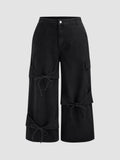Denim Mid Rise Solid Bowknot Pocket Wide Leg Jeans Curve & Plus | WL90 - view 1