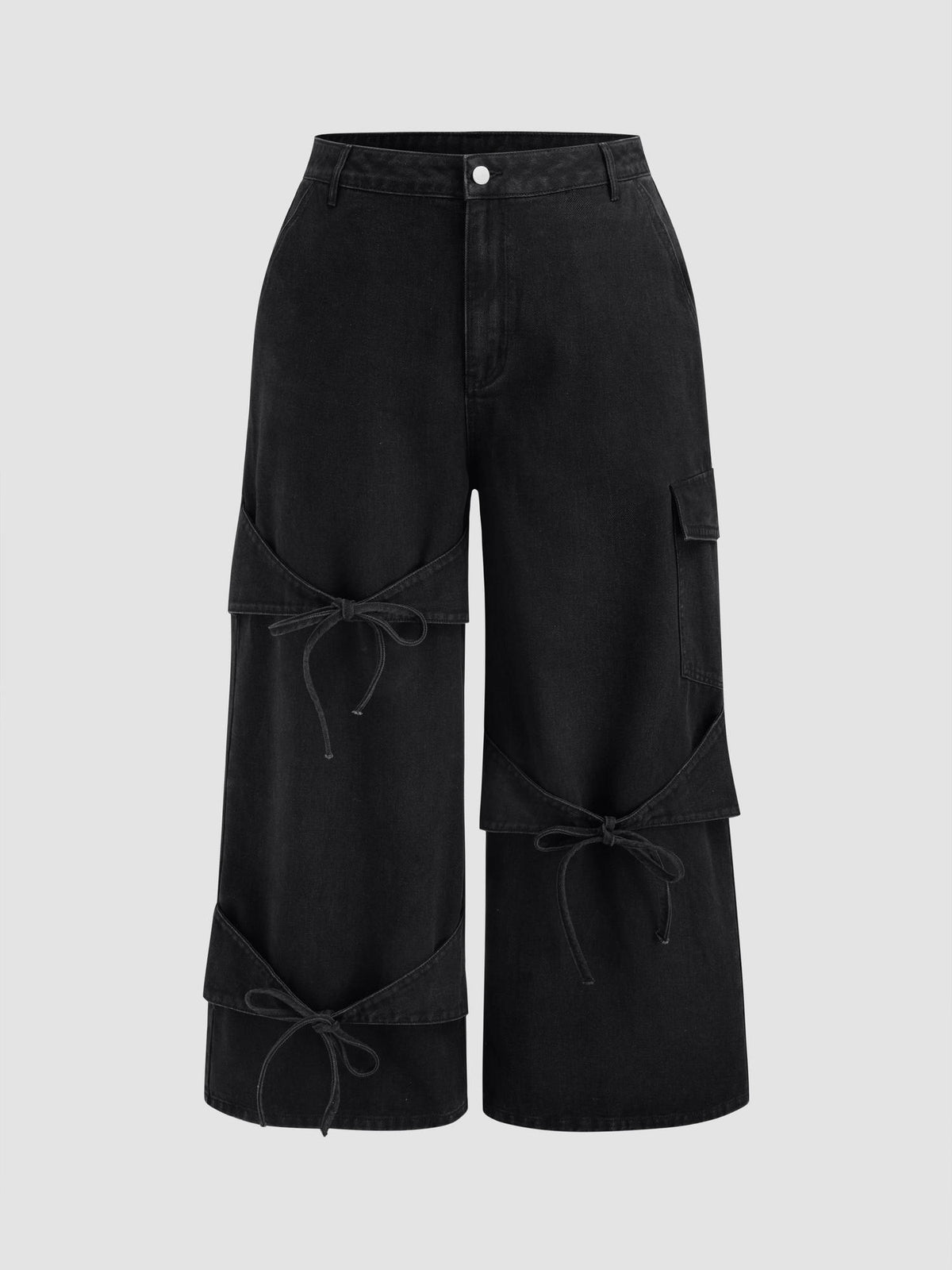 Denim Mid Rise Solid Bowknot Pocket Wide Leg Jeans Curve & Plus | WL90 - view 1