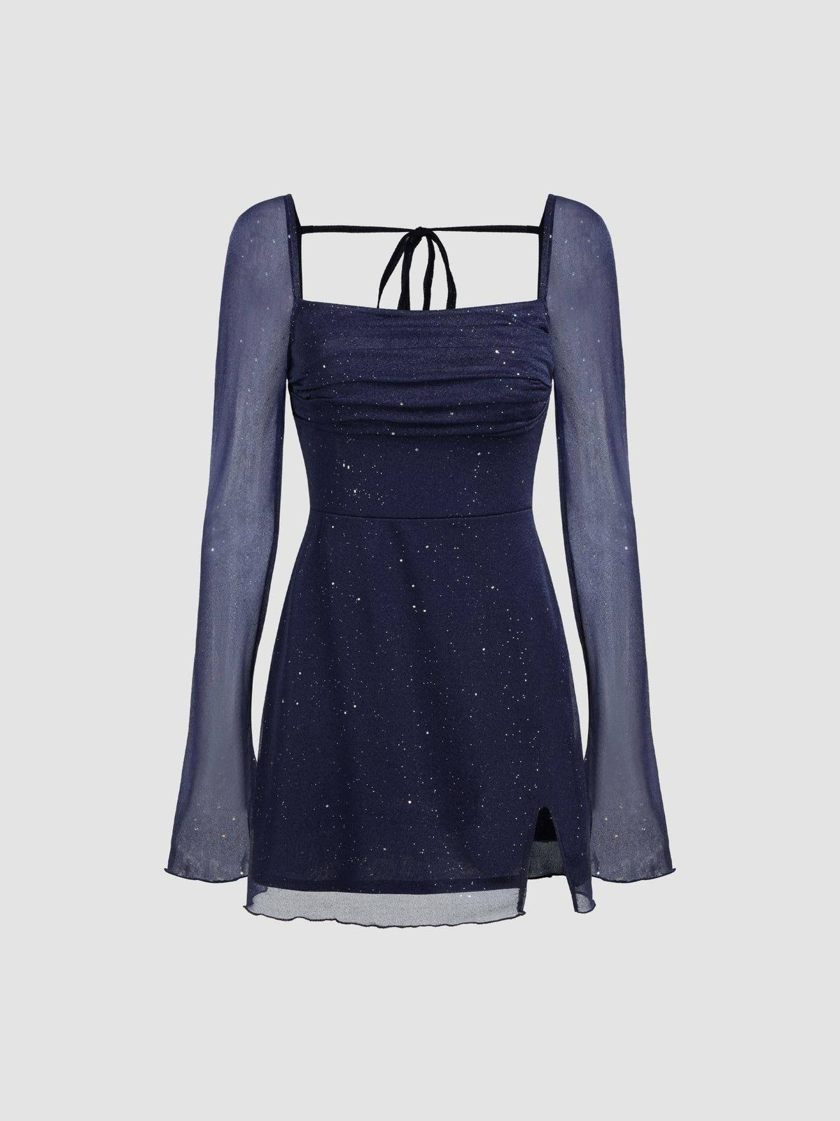 Square Neck Solid Glitter Knotted Mini Dress | D56 - view 6