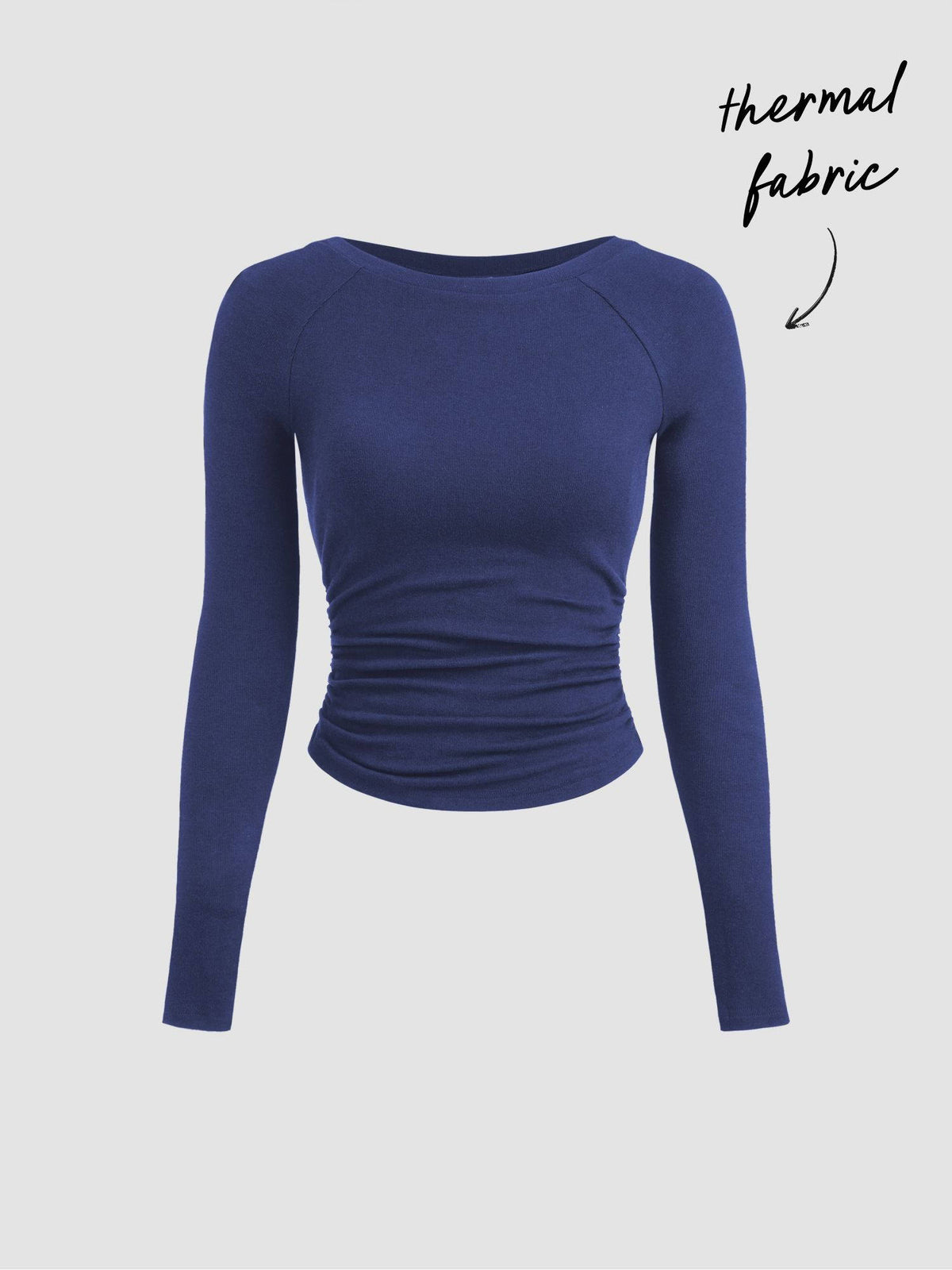 Thermal Cotton-blend Boat Neck Solid Ruched Long Sleeve Tee | TS56 - view 16