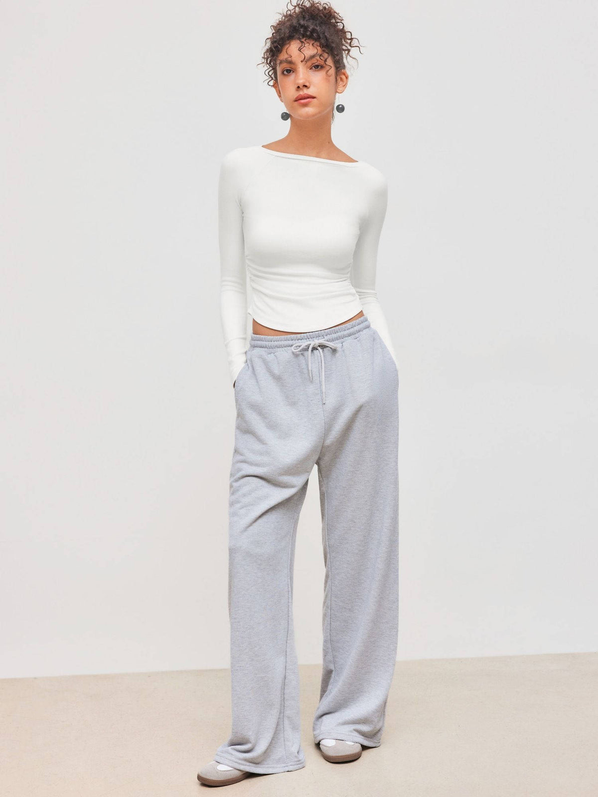 Thermal Cotton-blend Boat Neck Solid Ruched Long Sleeve Tee | TS56 - view 6