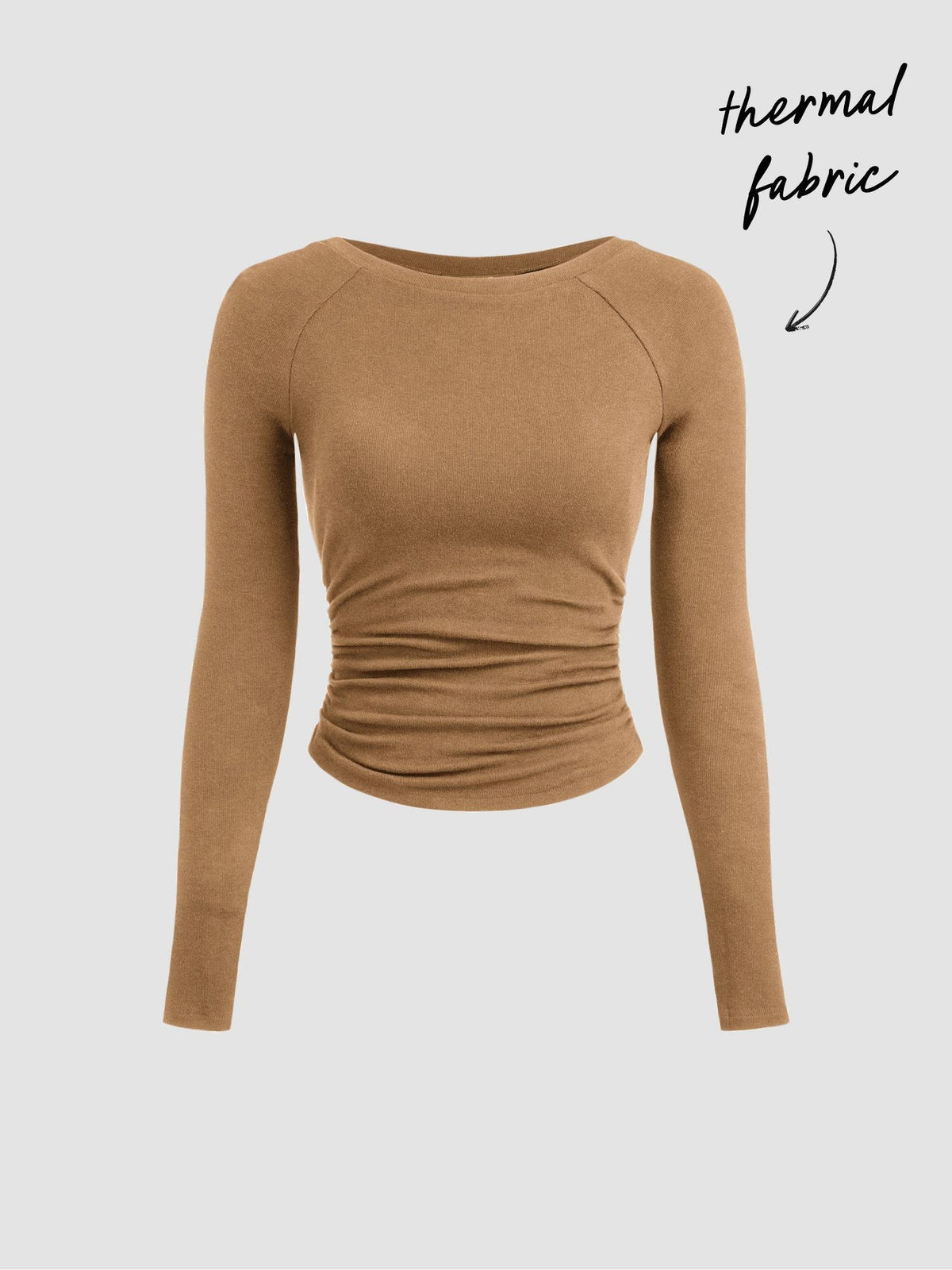 Thermal Cotton-blend Boat Neck Solid Ruched Long Sleeve Tee | TS56 - view 24