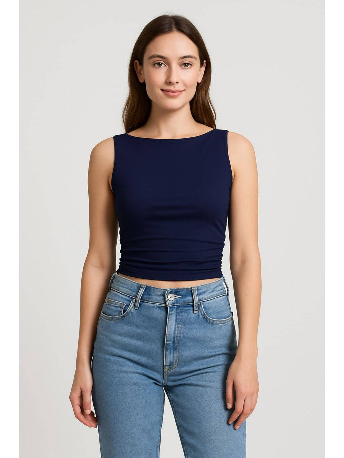 Boat Neck Ruched Solid Crop Tank Top | TT98 - view 1