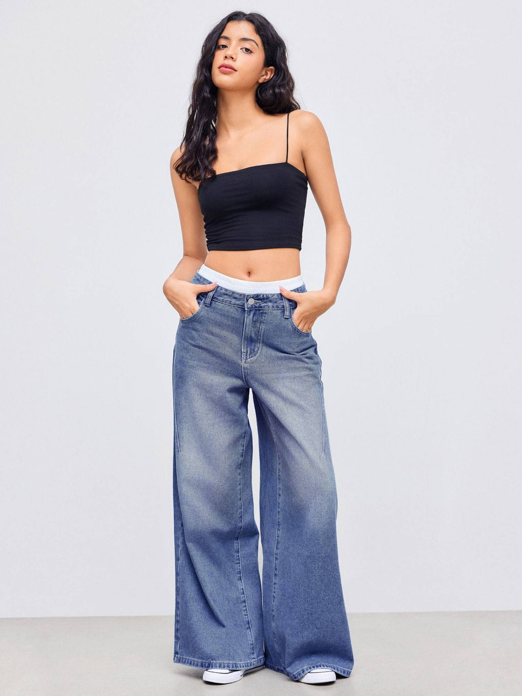 Denim Mid Rise Solid Wide Leg Jeans | WL90 - view 2