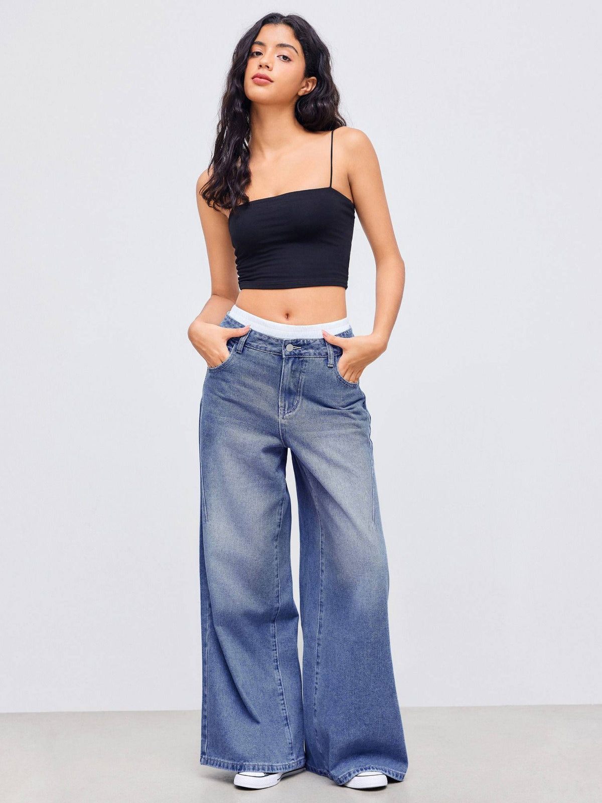 Denim Mid Rise Solid Wide Leg Jeans | WL90 - view 2