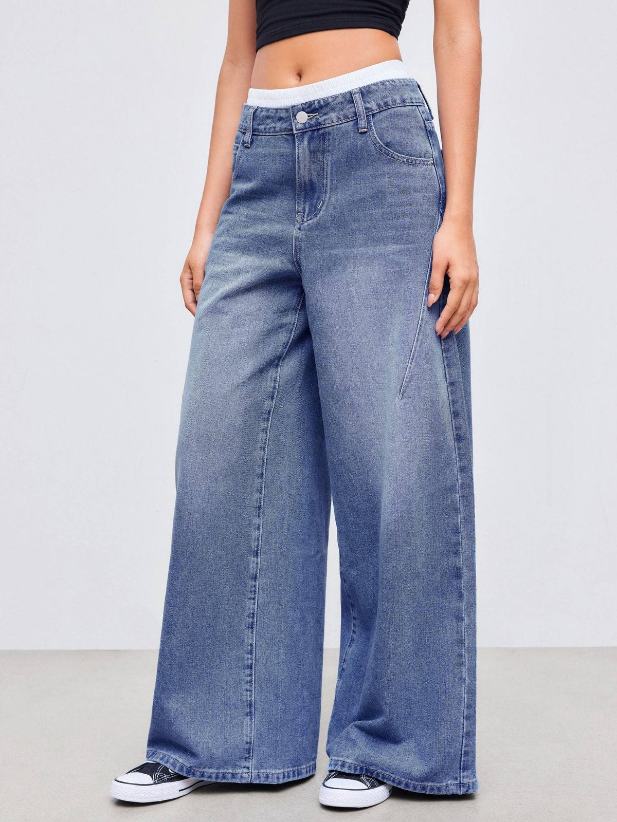 Denim Mid Rise Solid Wide Leg Jeans | WL90 - view 4