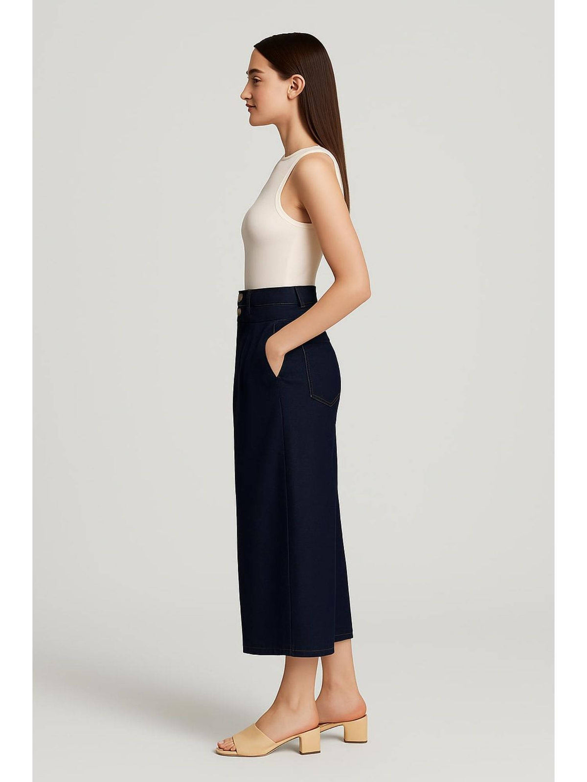 Double High Rise Solid Button Wide Leg Jeans | WL90 - view 9
