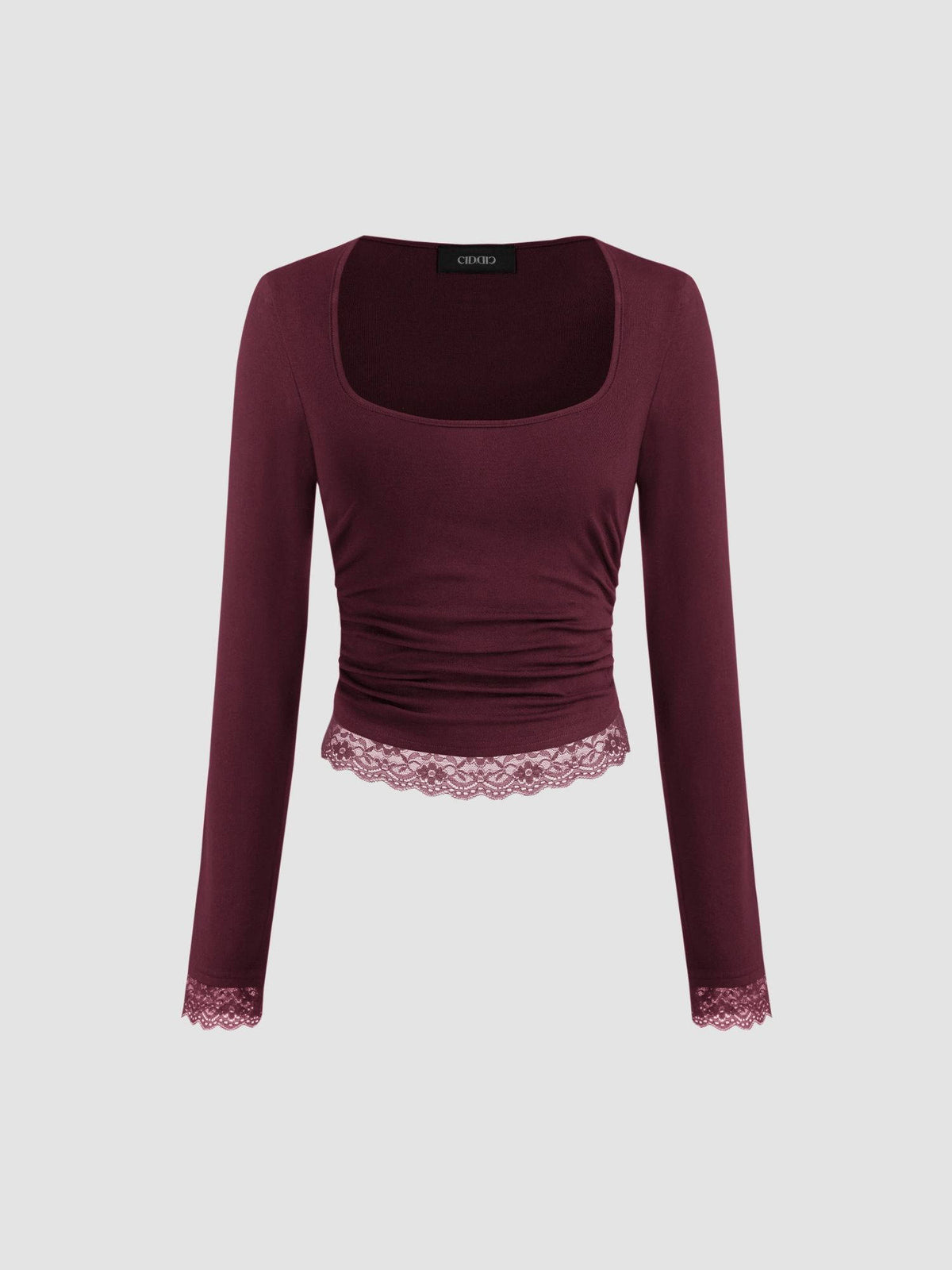 Square Neck Solid Lace Trim Ruched Long Sleeve Tee | TS56 - view 1