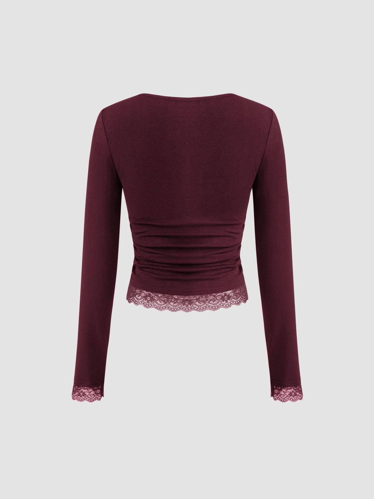 Square Neck Solid Lace Trim Ruched Long Sleeve Tee | TS56 - view 2