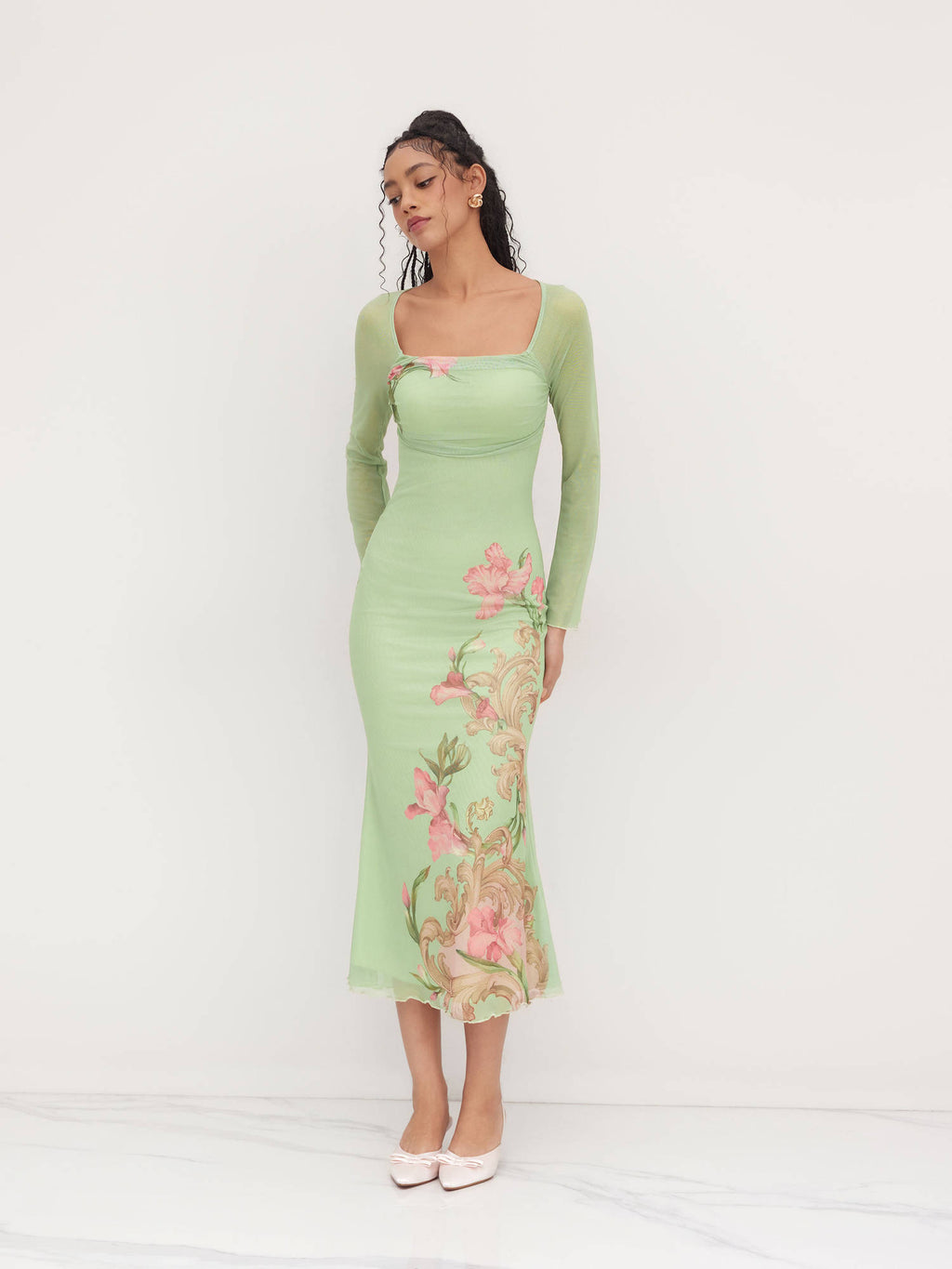 Mesh Square Neckline Floral Knotted Backless Midi Dress | D56 - view 1