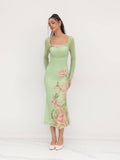 Mesh Square Neckline Floral Knotted Backless Midi Dress | D56 - view 1