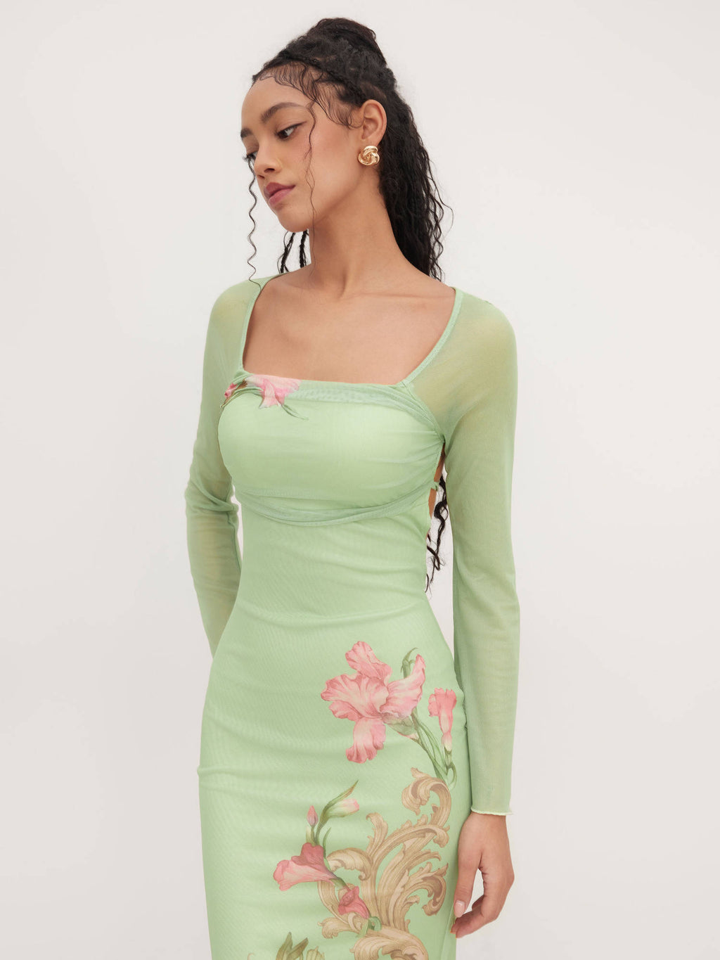 Mesh Square Neckline Floral Knotted Backless Midi Dress | D56 - view 2
