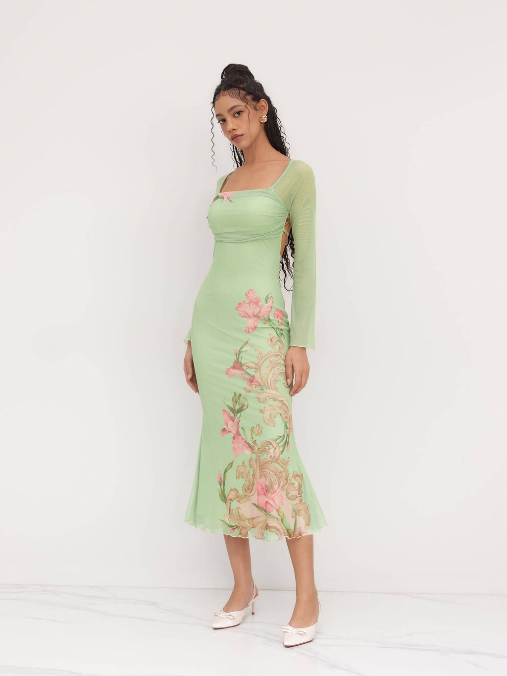 Mesh Square Neckline Floral Knotted Backless Midi Dress | D56 - view 4