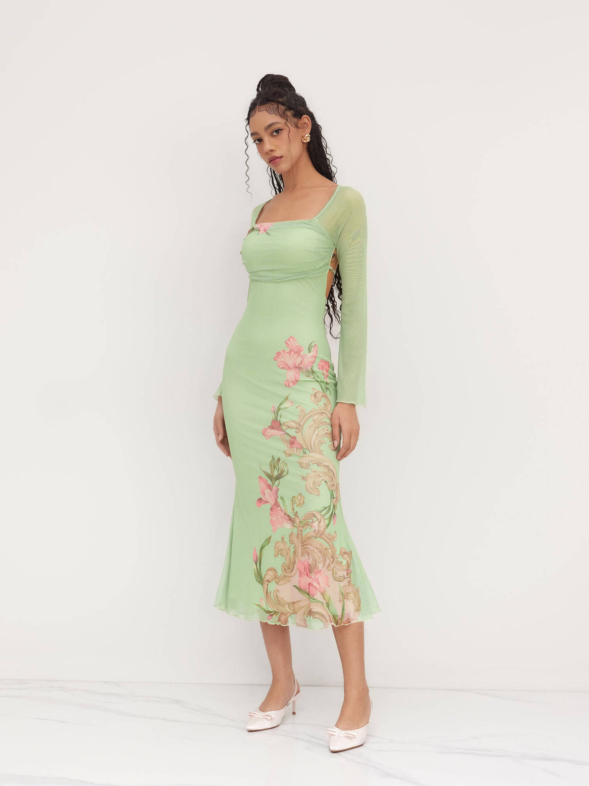 Mesh Square Neckline Floral Knotted Backless Midi Dress | D56 - view 4