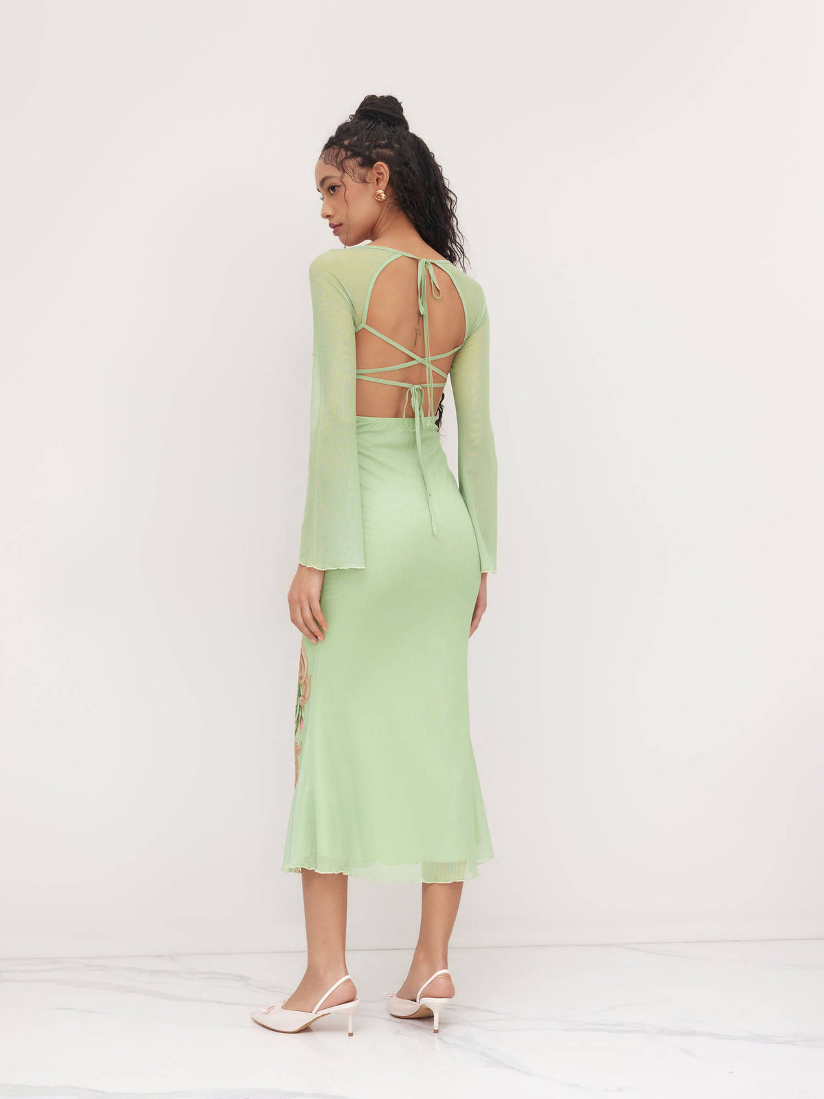 Mesh Square Neckline Floral Knotted Backless Midi Dress | D56 - view 7