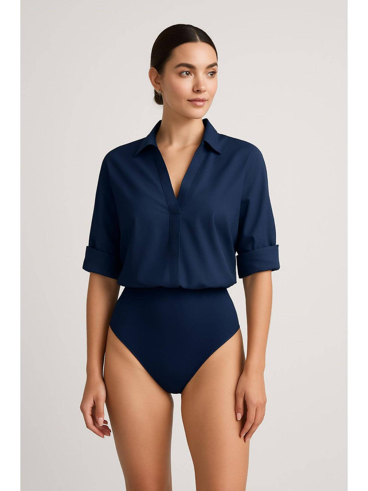 100% Cotton Collar Roll-up Sleeve Shirt Bodysuit | CI9 - view 35