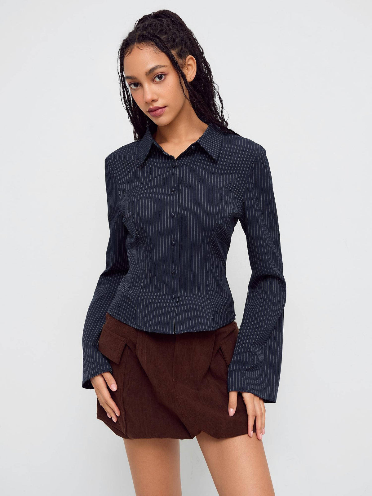 Collar Striped Cinched Waist Bell Sleeve Shirt | S67 - view 1