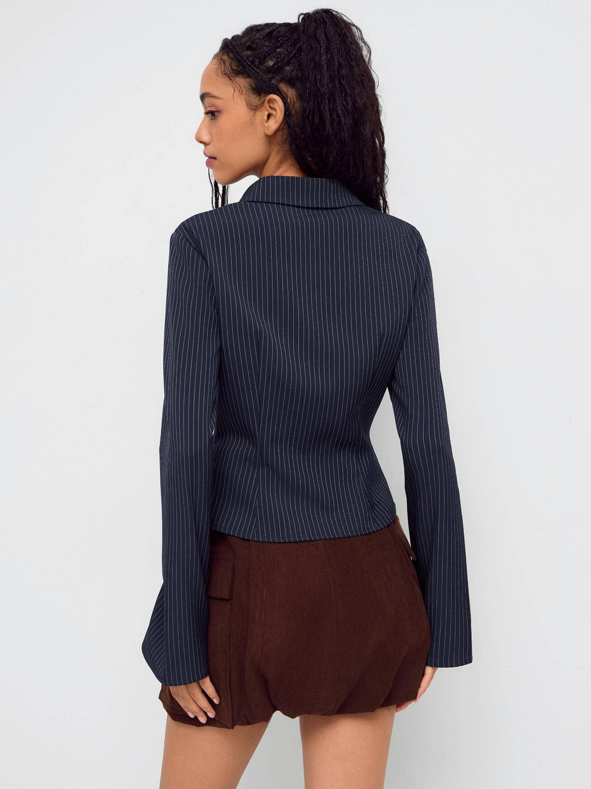 Collar Striped Cinched Waist Bell Sleeve Shirt | S67 - view 2