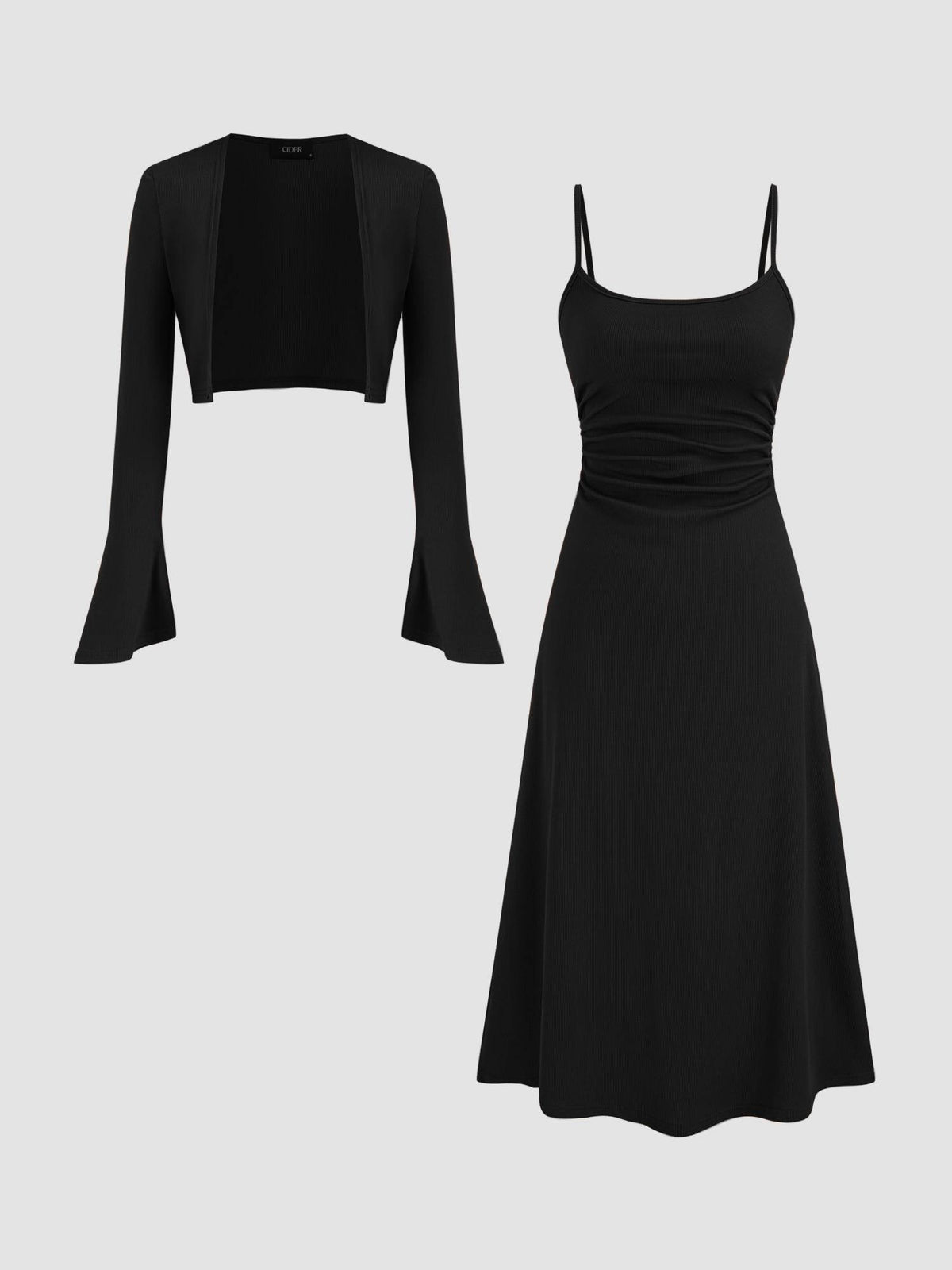 Ruched Solid Cami Maxi Dress & Solid Long Sleeve Shrug | D56 - view 1