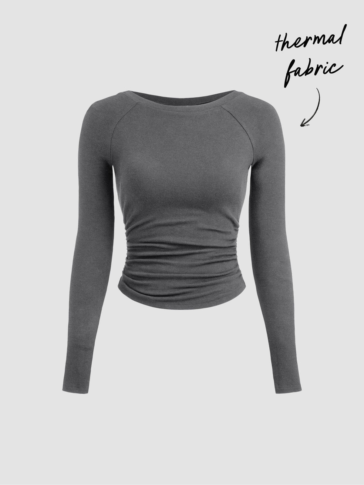 Thermal Cotton-blend Boat Neck Solid Ruched Long Sleeve Tee | TS56 - view 12