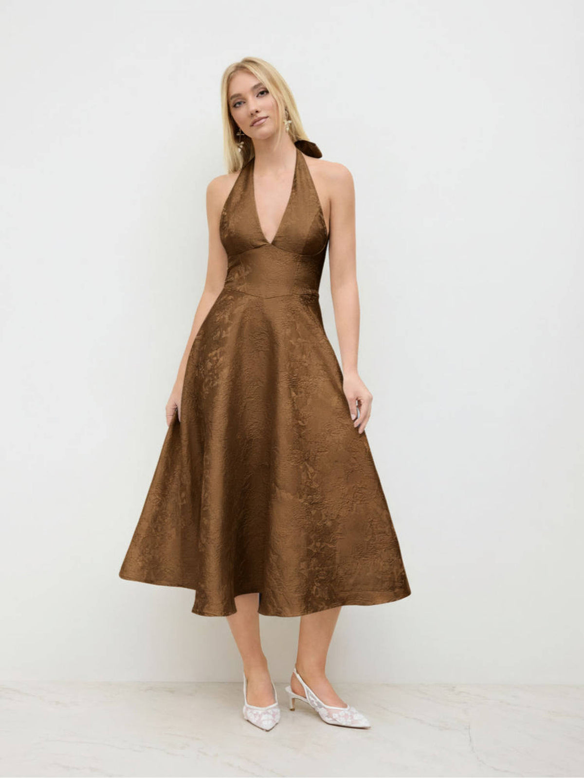 Jacquard Halter Neckline Floral Lace Up Midi Dress | D56 - view 48