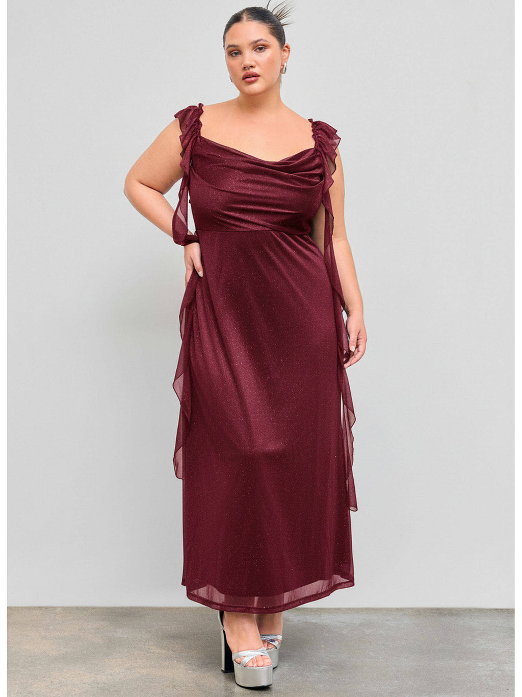 Mesh Cowl Neck Solid Sequin Ruffle Hem Maxi Dress Curve & Plus | D56 - view 12