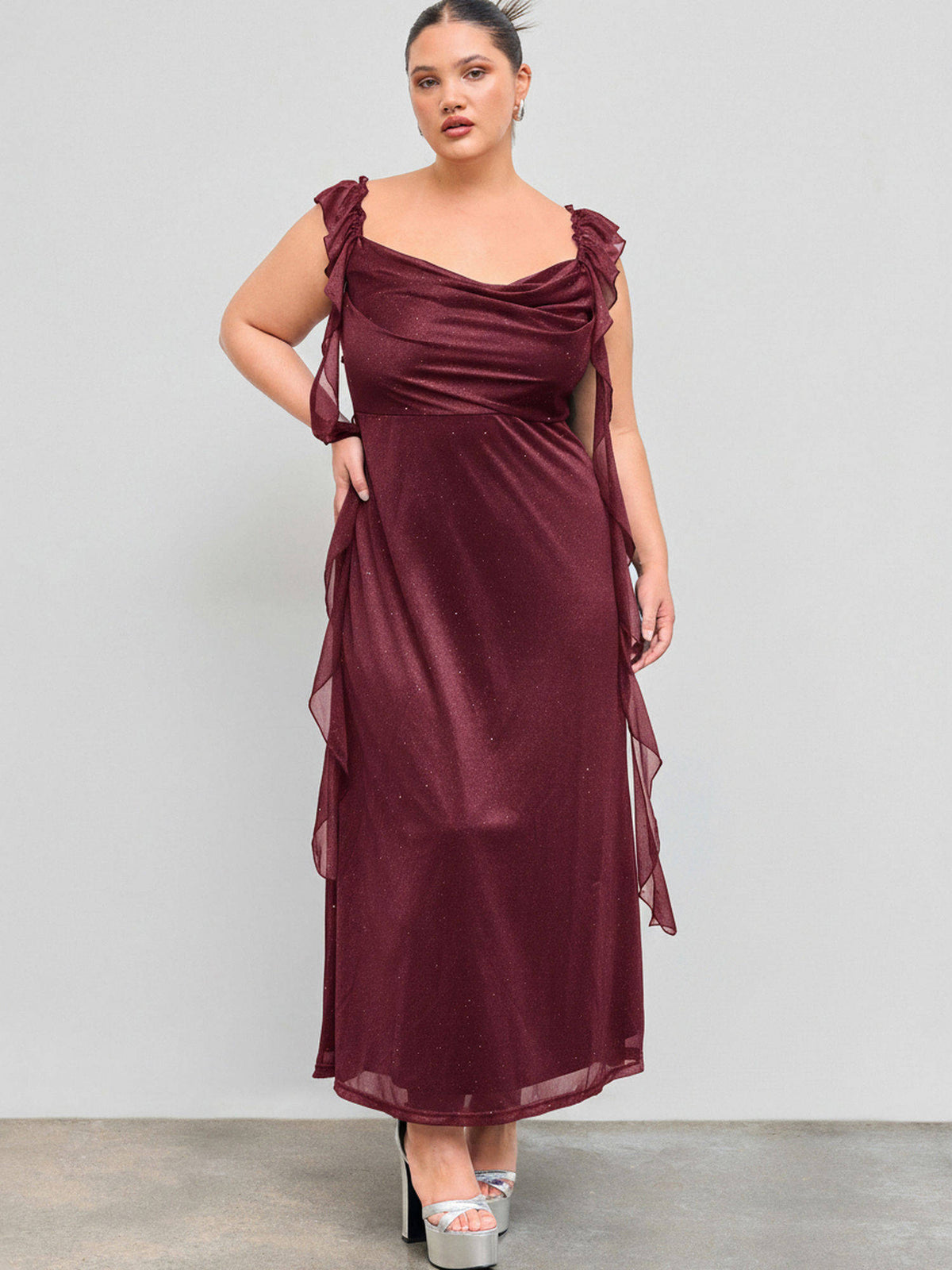 Mesh Cowl Neck Solid Sequin Ruffle Hem Maxi Dress Curve & Plus | D56 - view 13