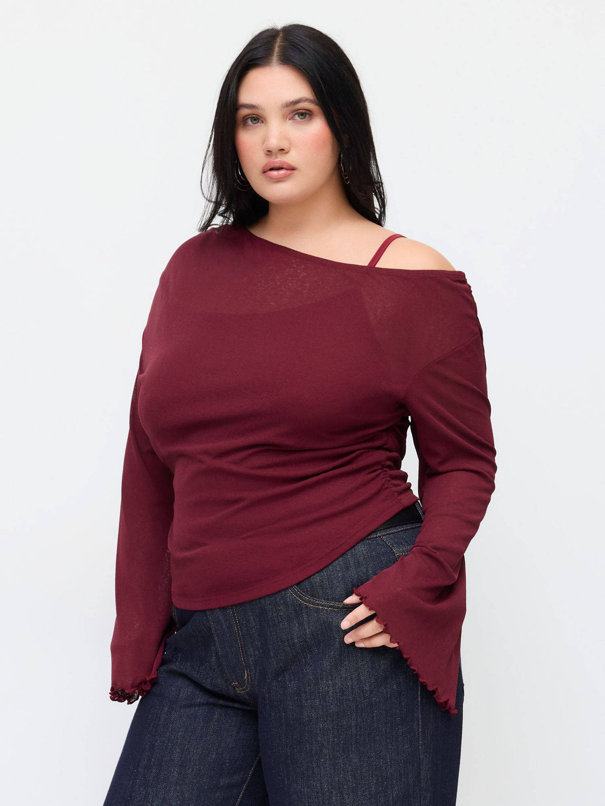 Asymmetrical Neck Ruched Lettuce Trim Tee Curve & Plus | TS56 - view 1