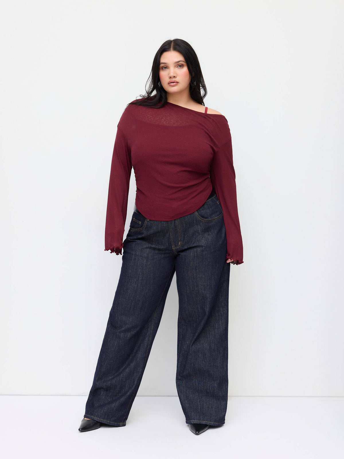 Asymmetrical Neck Ruched Lettuce Trim Tee Curve & Plus | TS56 - view 2