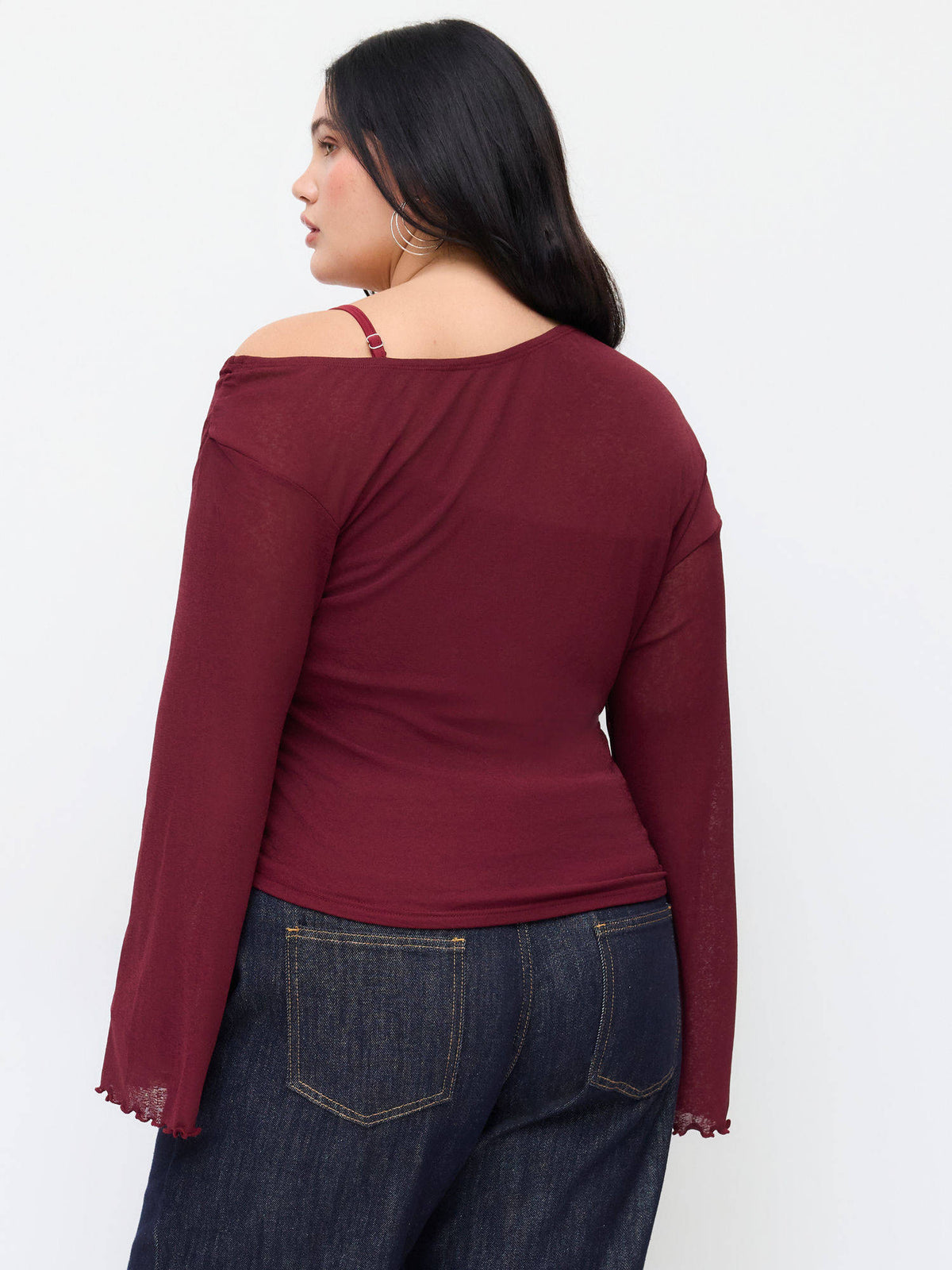 Asymmetrical Neck Ruched Lettuce Trim Tee Curve & Plus | TS56 - view 4