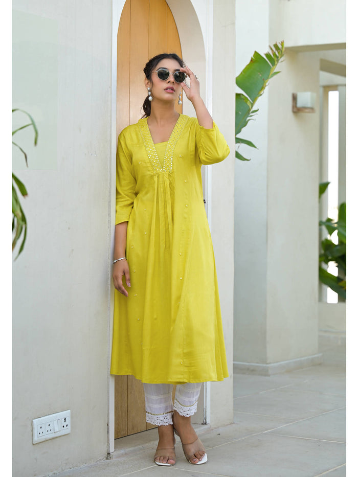 Yellow Embroidered Liva Rayon Mirror Work Kurta | FY93 - view 1